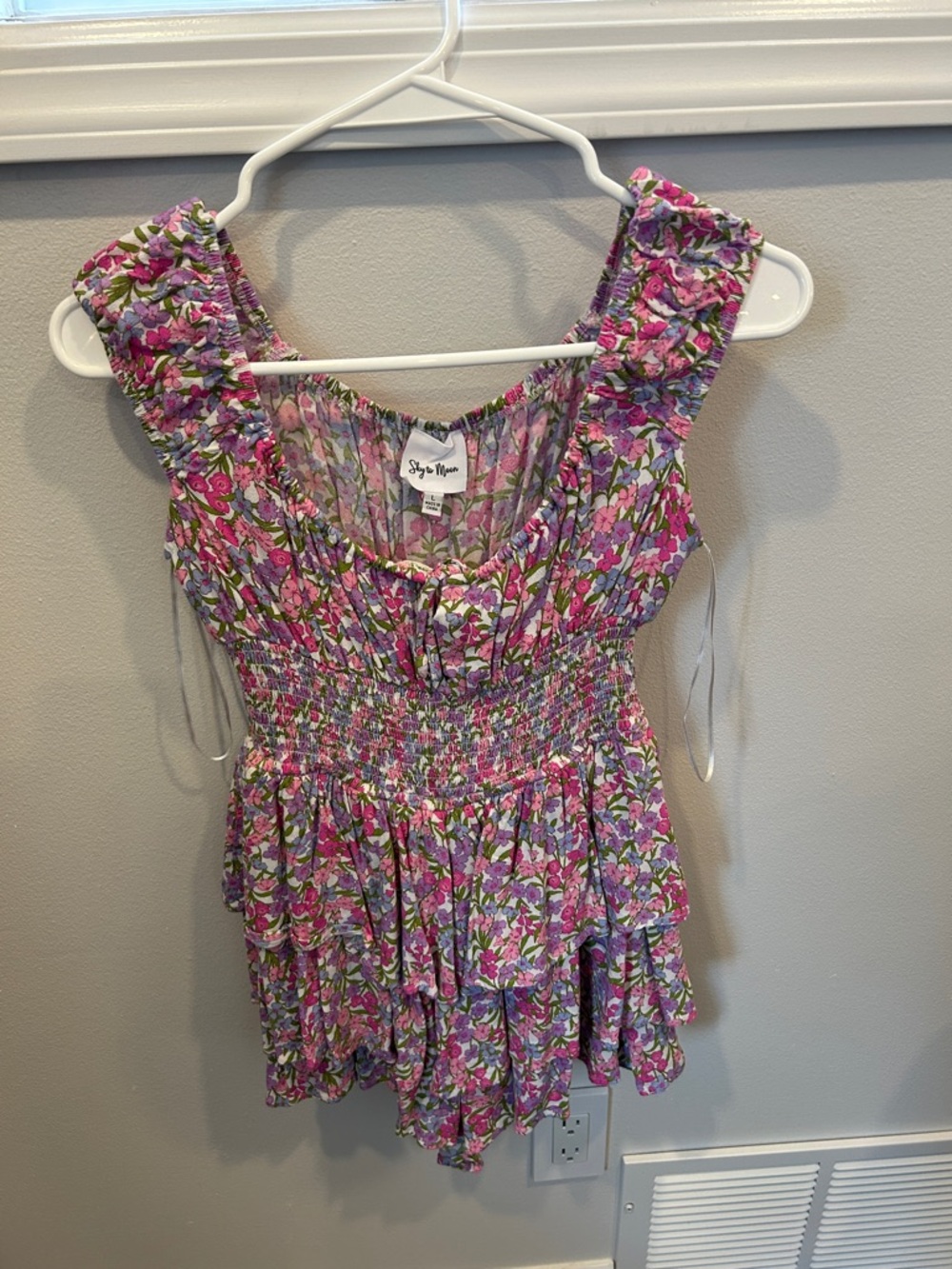 She + Sky Pink Floral Smocked Ruffle Camisole